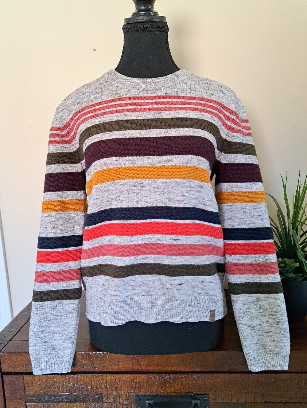 Roots Striped Crewneck Sweater Heather Gray Multicolor Stripes Womens Medium